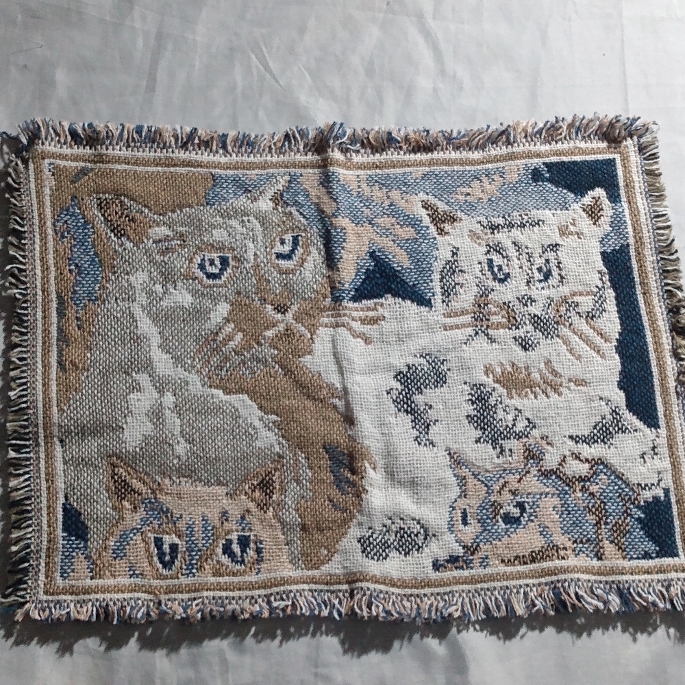 4 cat theme New woven fabric beige fringed cotton placemats 13 x 19 - Picture 4 of 5